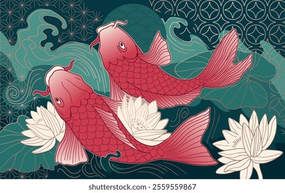 abstract illustration fishes koi in minimalistic asian style, with ornaments and waves