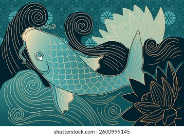abstract illustration fishes koi in minimalistic asian style, with ornaments and waves	