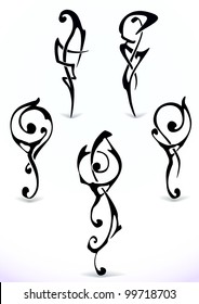 Abstract illustration of five floral TATTOO MUSTER. Set. Celtic curl pattern. Leaf. Body-art. Vintage. Vector.