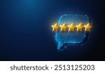 Abstract illustration of five gold stars review floating over chat bubble in low poly style. Blue geometric background depicting customer feedback concept by wireframe connection structure