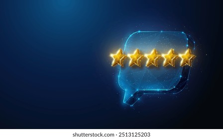 Abstract illustration of five gold stars review floating over chat bubble in low poly style. Blue geometric background depicting customer feedback concept by wireframe connection structure