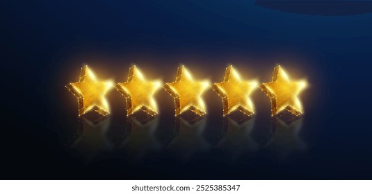 Ilustración Abstractas de cinco estrellas de oro en estilo de baja poli. Fondo geométrico azul que representa el Comentarios del Cliente para el concepto excelente del servicio por la estructura de conexión del wireframe