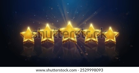 Abstract illustration of five gold stars rating in low poly style. Blue geometric background depicting customer feedback for excellent service concept by wireframe connection structure