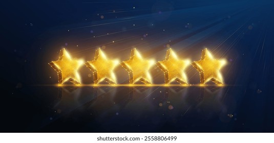 Abstract illustration of five low poly gold stars rating under light rays. Blue geometric background depicting award nomination for excellent customer service concept by wireframe mesh