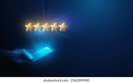 Abstract illustration of five low poly gold stars review over smartphone. Blue geometric background depicting online customer feedback for excellent service concept by wireframe mesh