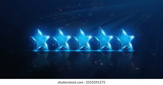 Abstract illustration of five stars rating in low poly style. Blue geometric background depicting customer feedback or award winning for excellent service concept by wireframe connection structure