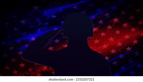 Abstract illustration of the flag of America,dark silhouette of a soldier