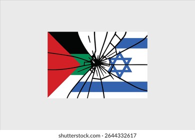 Ilustração abstrata das bandeiras da Palestina e de Israel sob uma camada de vidro quebrado preto, simbolizando relações quebradas.
