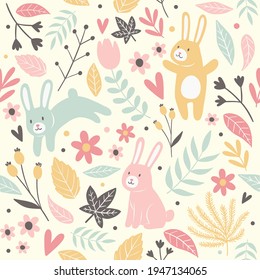 Abstract illustration of floral elements and bunny icons against pink background. easter festivity celebration illustration concept