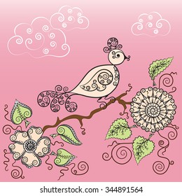 Abstract Illustration Floral Pattern and Bird and Clouds and Flower