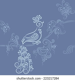 Abstract Illustration Floral Seamless Pattern and Bird on a Branch