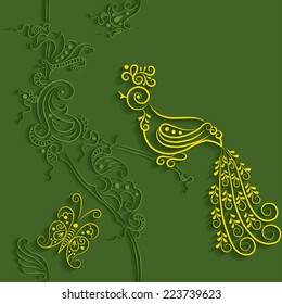 Abstract Illustration Floral Seamless Pattern and Bird on a Branch
