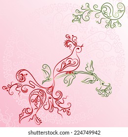Abstract Illustration Floral Seamless Pattern and Bird on a Branch