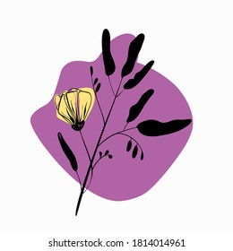 Abstract illustration of flower and leaves, minimalism. Elements for the design of textiles, cards, t-shirts. Floral flat hand drawn.