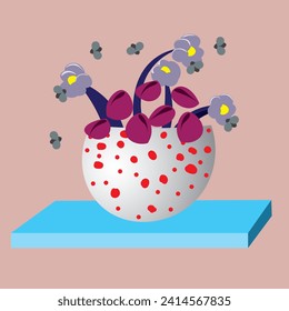 Ilustración abstracta con una maceta florida de color degradado y con puntos rojos. Planta abstracta en una maceta de flores. Fondo monocromo, maceta de flores en la estantería. Infecciones voladoras alrededor de las flores
