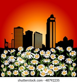 Abstract illustration with flower and urban city background
