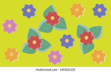 Abstract illustration of flowers of different colors and leaves on a light green background
