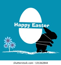 Abstract illustration with flowers and an Easter bunny carrying a huge Easter egg