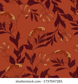 Abstract illustration of flowers on a dark orange, red brick color background. Seamless vector floral pattern. Simple square repeating design for fabric and wallpaper.