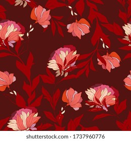 Abstract illustration of flowers on a dark red color background. Seamless vector floral pattern. Simple square repeating design for fabric and wallpaper.