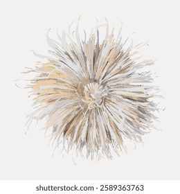 Abstract illustration of a fluffy dandelion-like shape with beige and gray tones. The artwork resembles a soft, round, fluffy dandelion or flower design. Vintage botanical illustration vector.