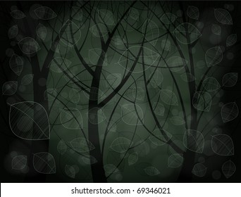 Abstract illustration of forest in the dark, with stylized leaves pattern. eps10
