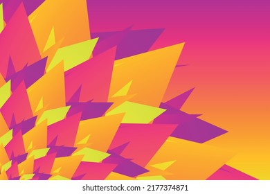 abstract illustration in the form of yellow, orange, pink and purple petals connected to form a part of a flower on the left on a gradient purple pink orange yellow background. Vector eps10