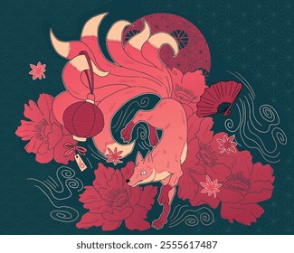 abstract illustration fox, mythological creature kitsune, nine tailed fox in minimalist asian style, with ornaments and waves