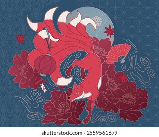 abstract illustration fox, mythological creature kitsune, nine tailed fox in minimalist asian style, with ornaments and waves	