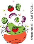 Abstract illustration of fresh vegetables falling into a bowl on transparent background. Healthy food concept for restaurant menu design. Decor includes vibrant outlines and whimsical shapes 