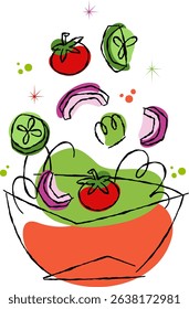 Abstract illustration of fresh vegetables falling into a bowl on transparent background. Healthy food concept for restaurant menu design. Decor includes vibrant outlines and whimsical shapes 