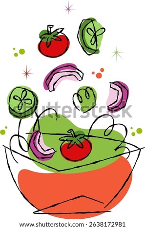 Abstract illustration of fresh vegetables falling into a bowl on transparent background. Healthy food concept for restaurant menu design. Decor includes vibrant outlines and whimsical shapes 