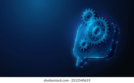 Abstract illustration of gear floating over chat bubble in low poly style. Blue geometric background depicting chatbot service and artificial intelligence concept by wireframe connection structure