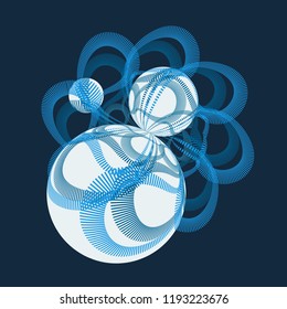 abstract illustration with geometric entanglement of spheres in blue shades