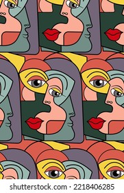 Abstract illustration of geometric faces in bright colors. Unique design of artistic faces and eyes with repeat pattern for textile reproduction, wallpaper or print.