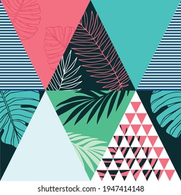 Abstract illustration of geometric triangular shape designs against tropical plants in background. background with abstract shapes and textures concept
