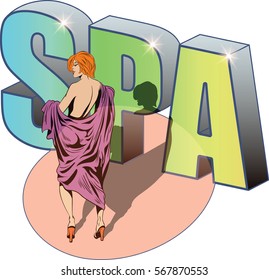 Abstract illustration. A girl in a bathrobe wipes her hair after a shower.