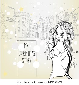 abstract illustration of girl and her cat on a winter street | handmade vector illustration 