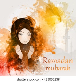 Abstract illustration of girl reads a prayer, a Muslim, Islam.