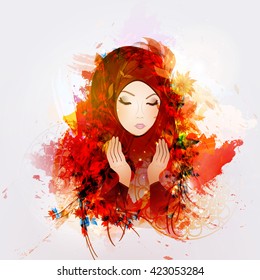 Abstract illustration of girl reads a prayer, a Muslim, Islam.