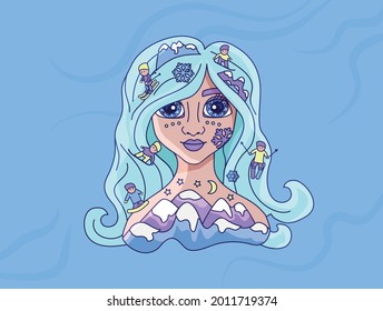 Abstract illustration of a girl with skiers and snowboarders rolling through her hair, in blue tones and winter style