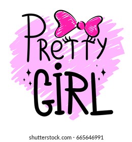 Abstract illustration for girl. White background and pink heart, bow with text Pretty girl. cute girlish t shirt design