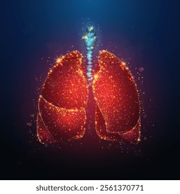 Abstract illustration of glowing human lungs made of neon particles. Blue geometric background depicting respiratory system healthcare medical concept