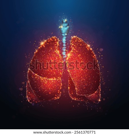 Abstract illustration of glowing human lungs made of neon particles. Blue geometric background depicting respiratory system healthcare medical concept