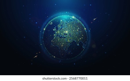 Abstract illustration of glowing world map globe made of neon particles. Blue geometric background depicting planet Earth in space. Educational vector atlas of Europa and Africa continents