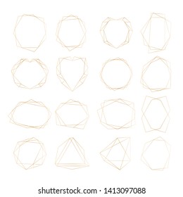 Abstract illustration with gold geometric frames on white background for celebration design. Set with isolated polygonal shining borders 