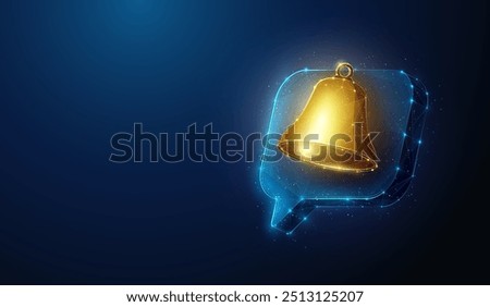 Abstract illustration of gold notification bell floating over chat bubble in low poly style. Blue geometric background depicting notification service concept by wireframe connection structure