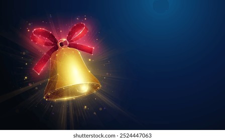 Abstract illustration of golden christmas bell  in low poly style. Blue geometric background depicting New year and Christmas holidays congratulations concept by wireframe connection structure