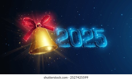 Abstract illustration of golden christmas bell and 2025 year in low poly style. Blue geometric background depicting New year and Christmas holidays congratulations concept by wireframe mesh