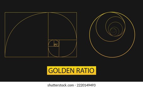 Abstract illustration with golden ratio on black background. Art gold. Spiral pattern. Line drawing. Vector illustration